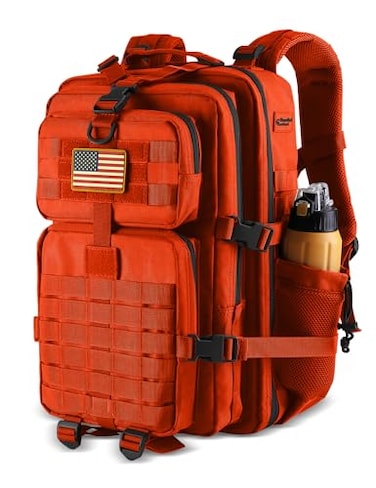 Hannibal Tactical 45L MOLLE Assault Pack Tactical Backpack Military Army Camping Rucksack with Bottle Holder 3Day Pack Trip wUSA Flag Patch DRings Orange