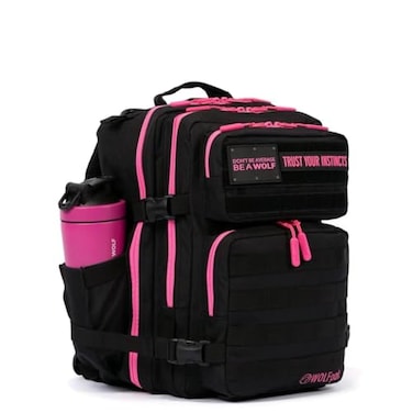 WOLFpak 25L Athletic Gym Backpack Black Neon Pink Durable 1000D Waterproof Oxford Material with MOLLE Webbing Laptop Pocket Dual Cup Holders
