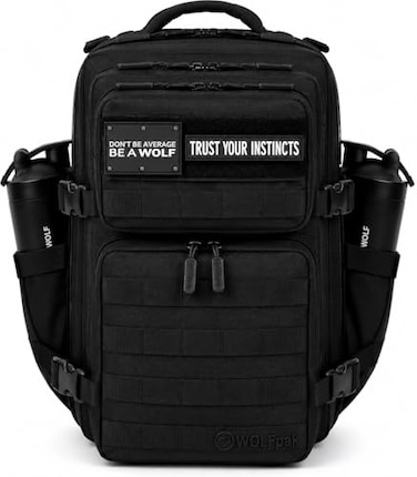 WOLFpak 35L Tactical Gym Backpack Alpha Black Durable 1000D Waterproof Oxford Material with MOLLE Webbing Laptop Pocket Dual Cup Holders Durable FitnessTravelMilitary Daypack