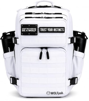 WOLFpak 35L Tactical Gym Backpack Polar White Durable 1000D Waterproof Oxford Material with MOLLE Webbing Laptop Pocket Dual Cup Holders Durable FitnessTravelMilitary Daypack
