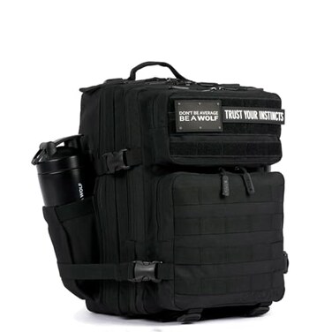 WOLFpak 25L Tactical Gym Backpack Alpha Black Durable 1000D Waterproof Oxford Material with MOLLE Webbing Laptop Pocket Dual Cup Holders