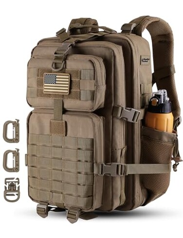 Hannibal Tactical 45L MOLLE Assault Backpack Tactical Backpack Military Army Camping Rucksack with Bottle Holder 3Day Pack Trip wUSA Flag Patch DRings Khaki