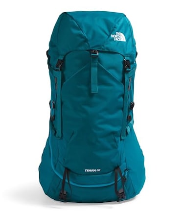 The North Face Womens Terra 55 Backpack Hiking Pack WomenSpecific Fit CinchTop Opening Pole Ice Axe Attachments Blue MossSapphire SlateNPF MediumLong