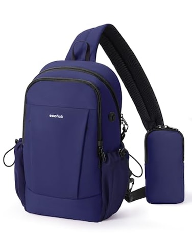 ECOHUB AntiTheft Crossbody Bag Men Women RFID Blocking Lightweight Sling Backpack EcoFriendly with 9 Pockets Sturdy SBS Zippers Water Resistant for Travel Work Hiking Outdoor Blue