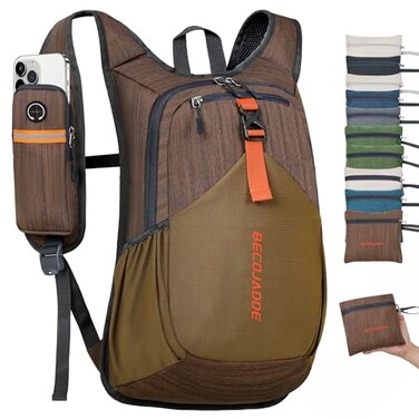 BECOJADDE 15L Small Hiking Backpack for Men Women Foldable Packable Back Pack Ultralight Hiking Daypack for Travel Camping Outdoor Chocolate Brown