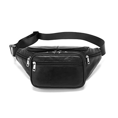Hearty Trendy Genuine Leather Large 7 Pocket Waist Pack with Organizer Card Slots Black