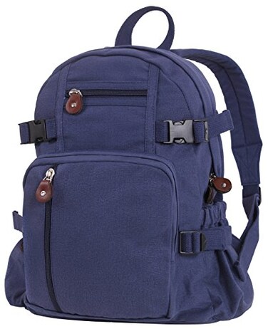 Rothco Vintage Canvas Compact Backpack Small Cotton Canvas Daypack with Multi Pockets Adjustable Straps Mini Travel Bag Navy Blue