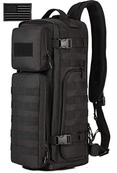 Protector Plus Tactical Sling Bag Military MOLLE Crossbody Pack Assault Range Chest Shoulder Backpack Motorcycle Bicycle Outdoor Daypack Patch Included Black