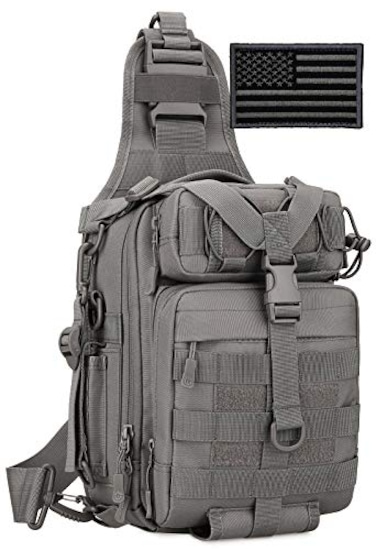 Protector Plus Tactical Sling Bag Military MOLLE Crossbody Pack Chest Shoulder Backpack EDC Diaper Satchel Motorcycle Bicycle Daypack Patch Included Gray