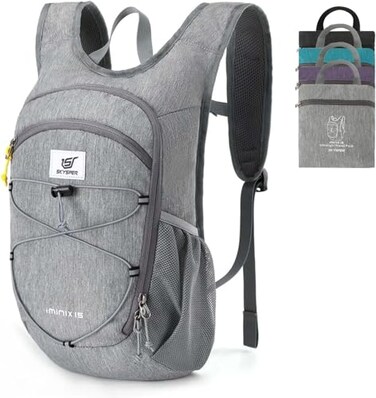 SKYSPER 15L Foldable Hiking Backpack Lightweight Packable Travel Daypack with Chest Strap Small Outdoor Folding Back Pack Collapsible Bag for Women Men Grey
