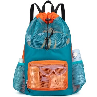 Veious Swim Bag for Kids Mesh Beach Backpack for Boys Lightweight Drawstring Beach Bag Swimming Pool Sports Gym String Bag Green