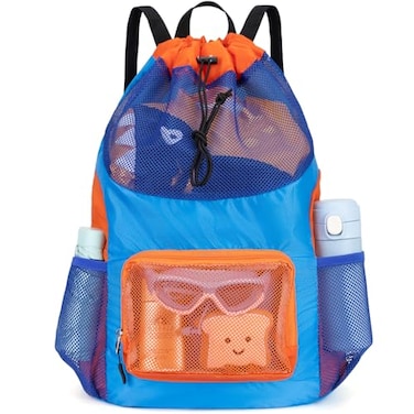 Veious Swim Bag for Kids Mesh Beach Backpack for Boys Lightweight Drawstring Beach Bag Swimming Pool Sports Gym String Bag Blue