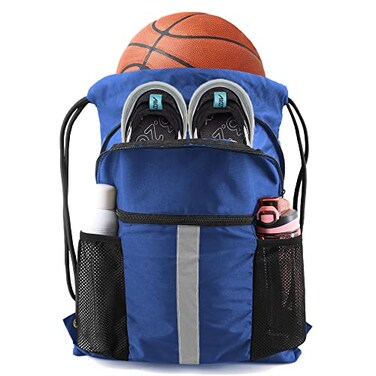 BeeGreen Royal Blue XLarge Drawstring Backpack with Front Shoe Compartment and Multiple Pockets
