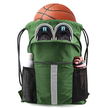 BeeGreen Dark Green Drawstring Backpack with Shoe Compartment XLarge Gym Sports String Cinch Backpack Athletic Sackpack with Front Inside Zipper Pockets
