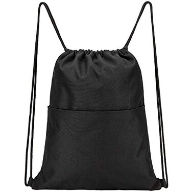 Vorspack Drawstring Backpack Water Resistant String Bag Sports Sackpack Gym Sack with Side Pocket for Men Women Black