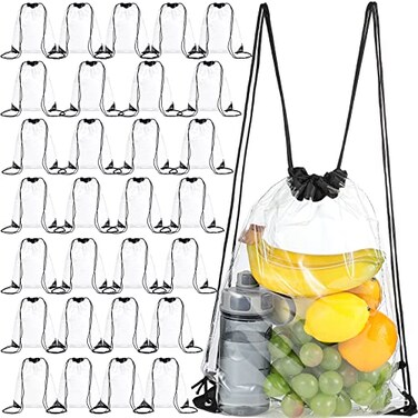 Shappy 30 Pcs Clear Drawstring Bag Plastic Drawstring Backpack Clear Waterproof PVC Backpack for Stadiums Sporting Events Black
