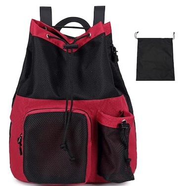 Lohol Large Mesh Drawstring Backpack with Shoe Bag Durable Swimming String Sack with Handle for Sports Gym Yoga Beach Travel Red