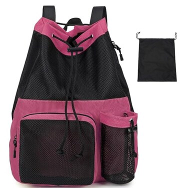 Lohol Large Mesh Drawstring Backpack with Shoe Bag Durable Swimming String Sack with Handle for Sports Gym Yoga Beach Travel Pink