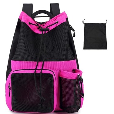 Lohol Large Mesh Drawstring Backpack with Shoe Bag Durable Swimming String Sack with Handle for Sports Gym Yoga Beach Travel Rose pink