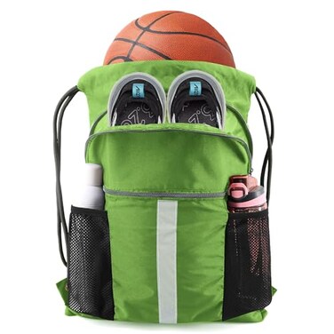 BeeGreen Fruit Green Workout Bag Drawstring Backpack with Shoe Compartment Large String Bag Sackpack with Front Inner Zipper Pockets and Water Bottle Pockets Sports Cinch
