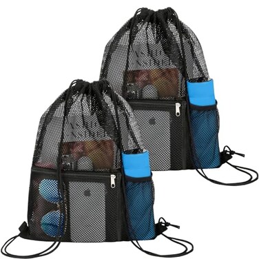 NATURAL STYLE 2 PACK Mesh Drawstring Backpack Bag Multifunction Mesh Bag for Swimming Athletic Gym Clothes Beach Swim Black