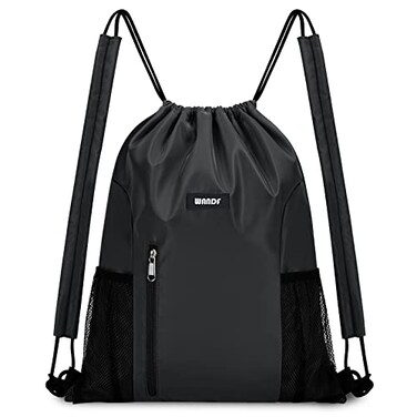 WANDF Drawstring Backpack with Shoulder Pad Sports Gym Backpack with Mesh Pocket String Bag for Women MenBlack