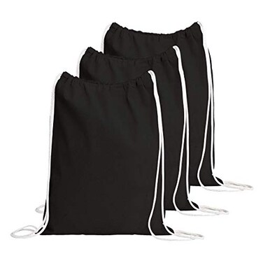 TBF Cotton Drawstring Backpack Gym Sack Canvas Cinch Sport Pack for Men Women Set of 3 Black