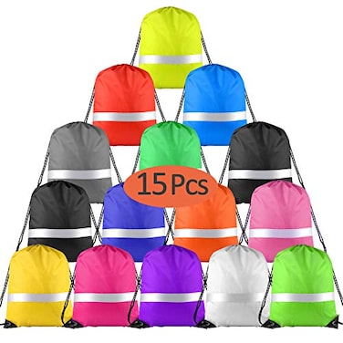 KUUQA 15 Pack Drawstring Backpack Bag Bulk Reflective Backpack String Bags Cinch Sack Backpack for Team Yoga Sport Gym Traveling