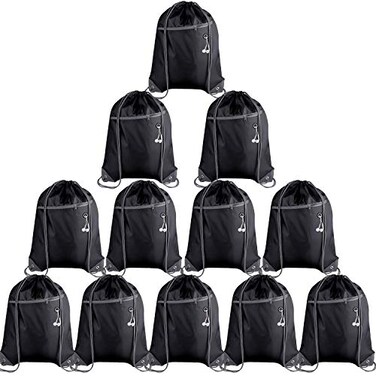 KUUQA 12Pcs Drawstring Backpack Bags Bulk with Zipper Pocket and Headphone HoleBlack