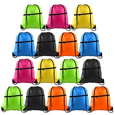 KUUQA 16Pcs Drawstring Backpack with Zipper Pocket Cinch Sack Bulk String BagsColorful