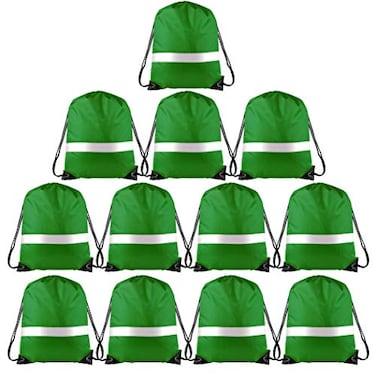 KUUQA 12 Pcs Drawstring Backpack Bag Bulk Reflective Backpack Dark Green String Bags Cinch Sack Backpack for Team Yoga Sport Gym Traveling
