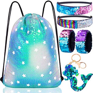 GAEN Mermaid Reversible Sequin Drawstring BackpackBag Clear Iridescent Sequin Star Shape Spotted Green Fabric for Kids Girls OneSize