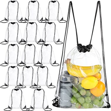 Riakrum 15 Pcs Clear Drawstring Bag Waterproof Small See Through PVC Drawstring Backpack for Stadium College Sport EventBlack