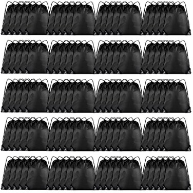 Grneric Drawstring Backpack Bulk 100Pcs Cinch BagPolyester Drawstring Bags for Gym Beach Sports Short Trip PartyBlack