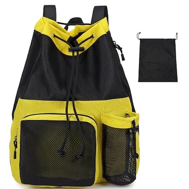 Lohol Large Mesh Drawstring Backpack with Shoe Bag Durable Swimming String Sack with Handle for Sports Gym Yoga Beach Travel Yellow