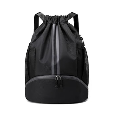 Valleycomfy Sports Drawstring Backpack Water Resistant String Bag with Side Mesh Pockets Shoe Compartment Gym Backpack for Women Men Black
