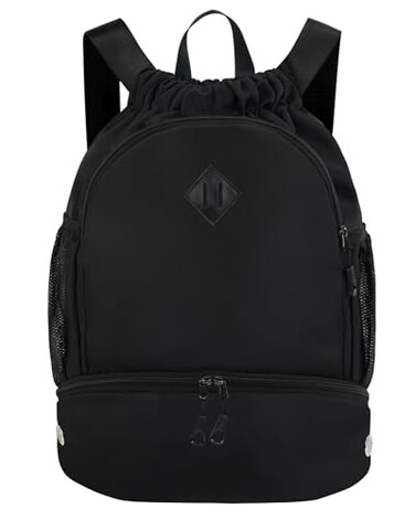 RHDZO Drawstring Backpack Gym Backpack with Shoe Compartment for Men Women String Sports Bag with Wet Pocket Cinch Swim Beach Bag Large Black