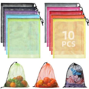 WSBArt 10Pcs Multicolor Mesh Drawstring Bags Nylon Mesh Laundry Gym Travel Beach Bags with Locking Closure