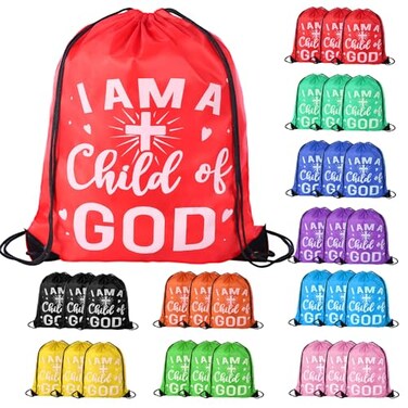 VZZNN 30 Pcs I Am a Child of God Drawstring Backpack Bulk Christian Gift Bags Church Supplies String Backpack Cinch Bag Jesus Stuff10 Colors