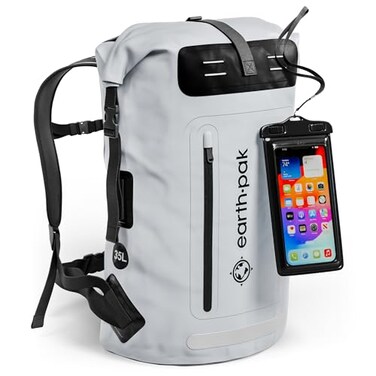 Earth Pak Waterproof Backpack Heavy Duty Hiking Backpack RollTop Closure Bag Cushioned Dry Bag Waterproof Phone Case