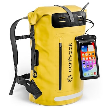 Earth Pak Waterproof Backpack Heavy Duty Hiking Backpack RollTop Closure Bag Cushioned Dry Bag Waterproof Phone Case
