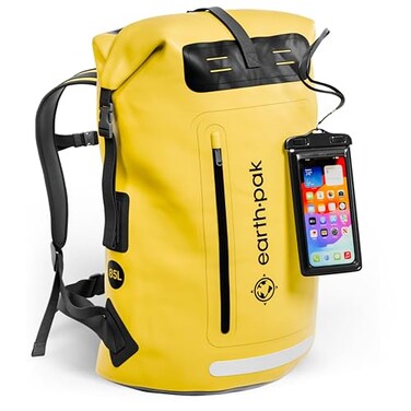 Earth Pak Waterproof Backpack Heavy Duty RollTop Closure with Easy Access FrontZippered Pocket and Cushioned Padded Back Panel for Comfort with IPX8 Waterproof Phone Case Yellow 85L Messenger