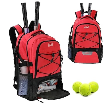 WOLT Tennis Bag Large Tennis Racket Backpack for Men Women Ventilated Shoe Compartment Holds 2 Rackets Red