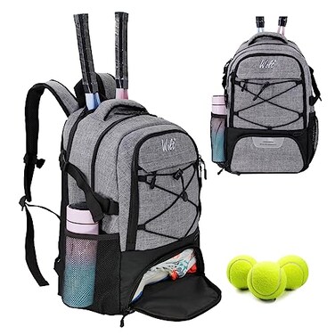 WOLT Tennis Bag Large Tennis Racket Backpack for Men Women Ventilated Shoe Compartment Holds 2 Rackets Grey