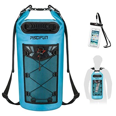 Piscifun Dry Bag Waterproof Floating Backpack 30L with Waterproof Phone Case for Boating Kayaking Fishing Light Blue 30L