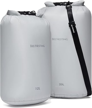 Bee Nesting Ultralight Dry Bag Large 3 Piece Set Waterproof Siliconized Dry Sack Accessory for Lightweight Travel Boating Kayaking Camping SwimmingGray 12L 20L Shoulder Strap 3 Pack