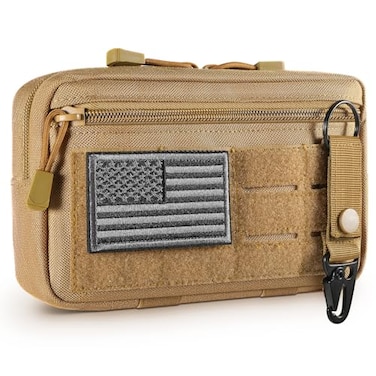 FRTKK Tactical Molle Admin Pouch Utility Laser Cut EDC Tool Pouch Bag Horizontal Modular Pouches Include US Flag Patch and Keychain Tan
