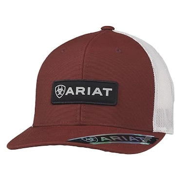 ARIAT Mens Rectangle Logo Patch Cap Snapback Red with Grey Mesh Back