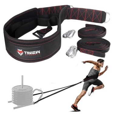 TAVIEW Sled Pulling Belt with Adjustable Closure 2 Sled Pulling Straps 4 Hooks Ideal for Resistance Training Strength Agility and MultiDirectional Pulling Back Front Sides