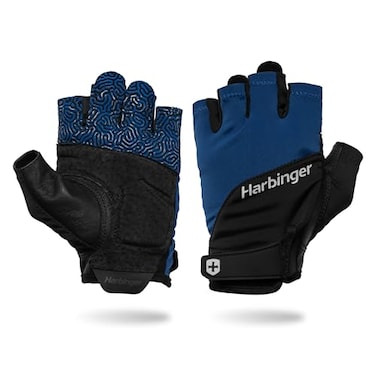 Harbinger Training Grip Gloves 30 Durable Padded Leather Palm Enhanced Grip Breathable 4Way Stretch Lycra Adjustable HookandLoop Closure Quick Removal Tabs Weightlifting Blue XLarge
